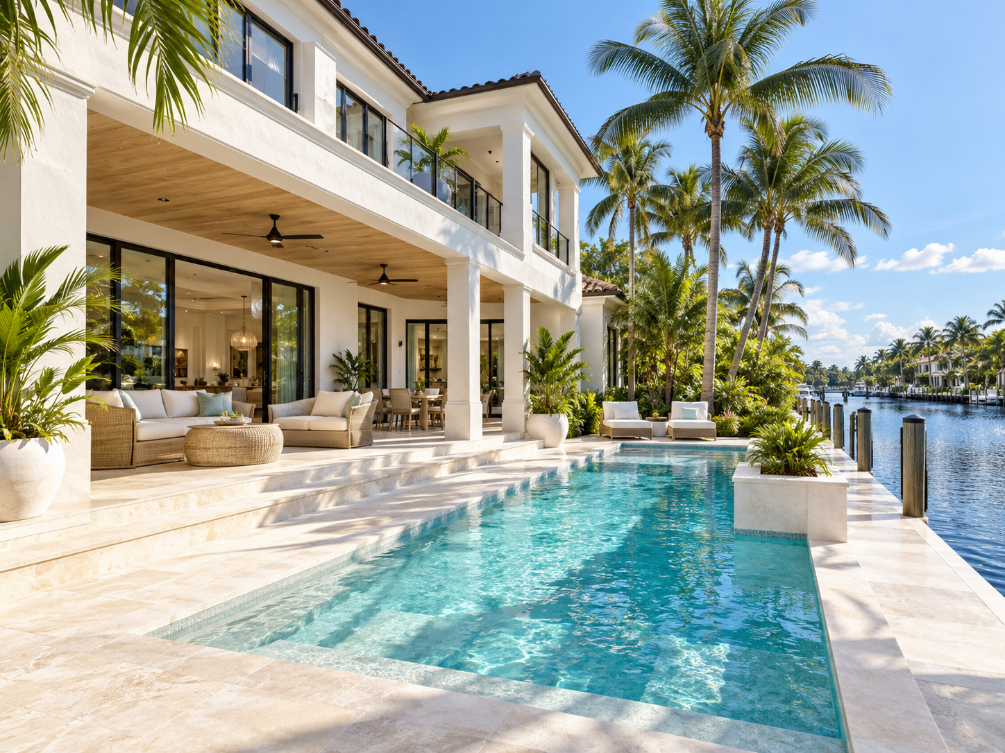 Luxury coastal home with a pool, palm trees and canal views